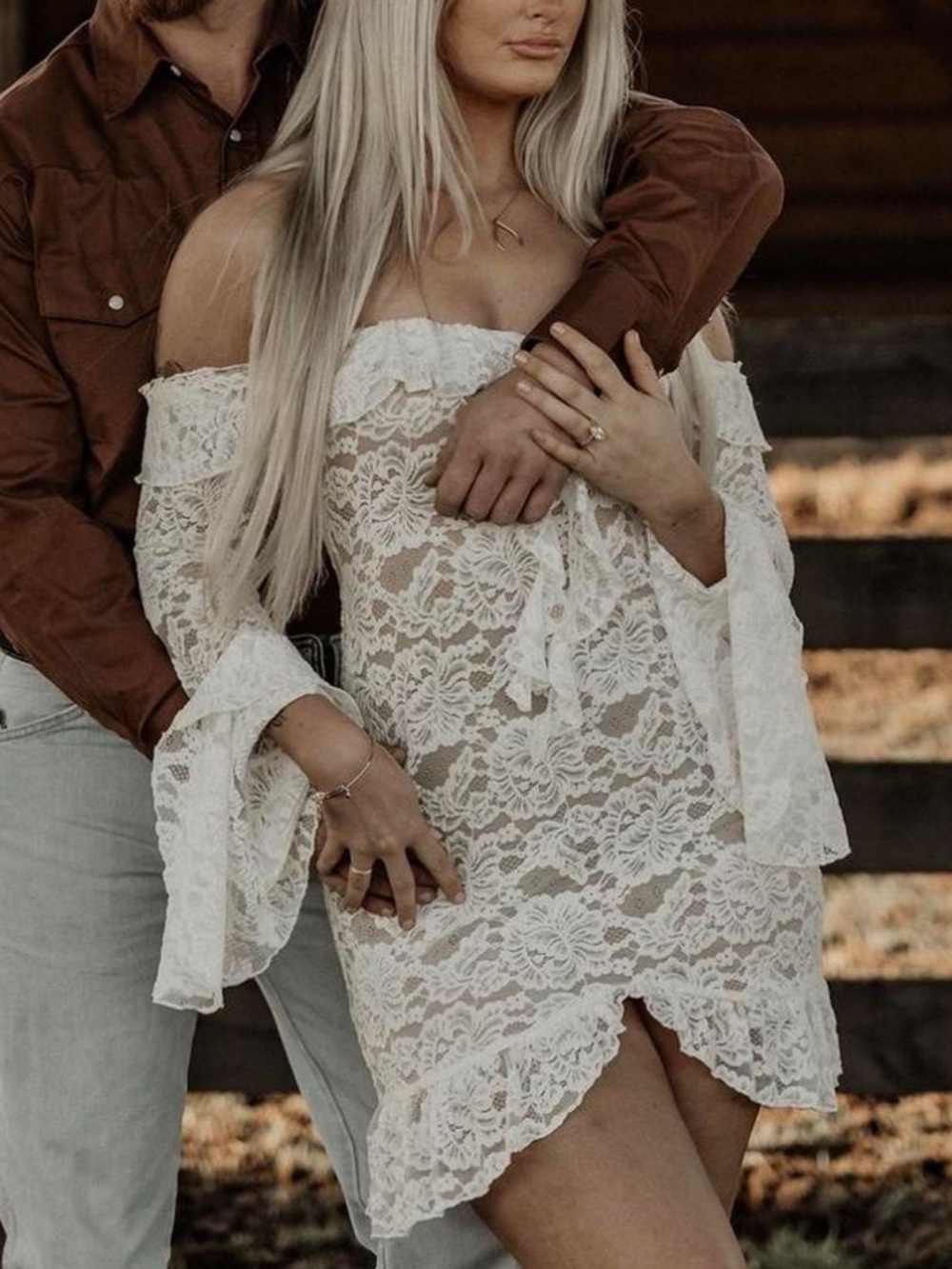 Meshki Cream Off-the-Shoulder Lace Mini Dress